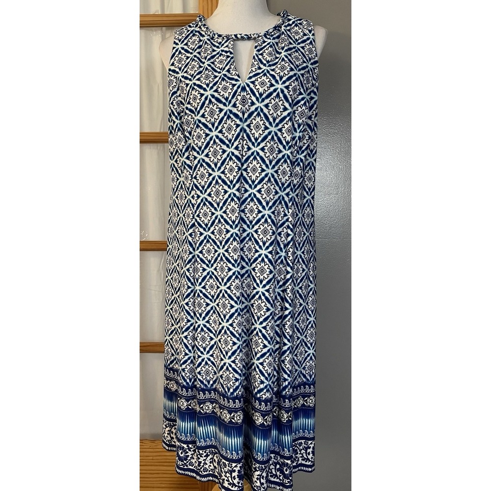 London Times Floral Dress 16W Blue White Braided Neck Sleeveless Party Career